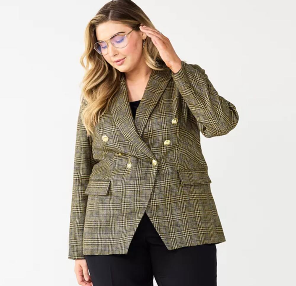 Nine West Double Breasted Blazer Jacket Brown Gold Metallic Plaid 3X NWOT NEW
